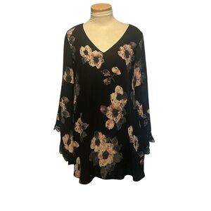 Astr Black Floral  Asymmetrical Bell Sleeve Dress  Size Small